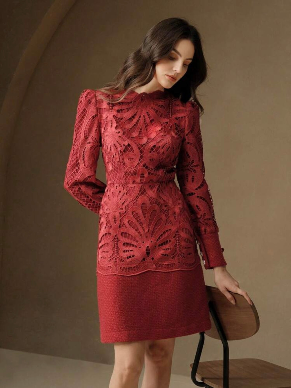 CM-DS114407 Women Elegant Seoul Style Stand Collar Long Sleeve Lace Patchwork Cheongsam Dress - Burgundy