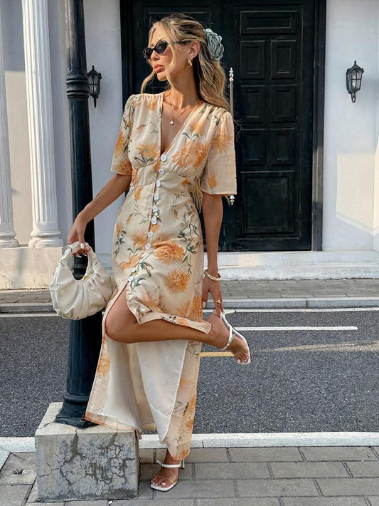 CM-DS434878 Women Casual Seoul Style Deep V-Neck Short Sleeve Waisted Printed High Waist Midi Dress