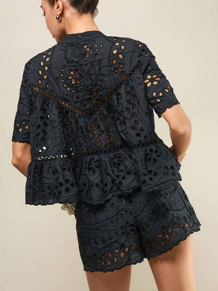 CM-SS113155 Women Casual Seoul Style Hollow Out Embroidered Loose Blouse With Wide Loose Shorts - Set