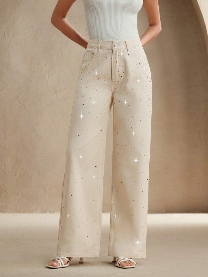 CM-BS639077 Women Casual Seoul Style Mid Waist Rhinestoned Decor Straight Leg Jeans - Beige