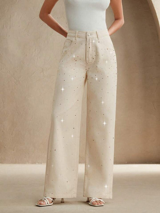 CM-BS639077 Women Casual Seoul Style Mid Waist Rhinestoned Decor Straight Leg Jeans - Beige