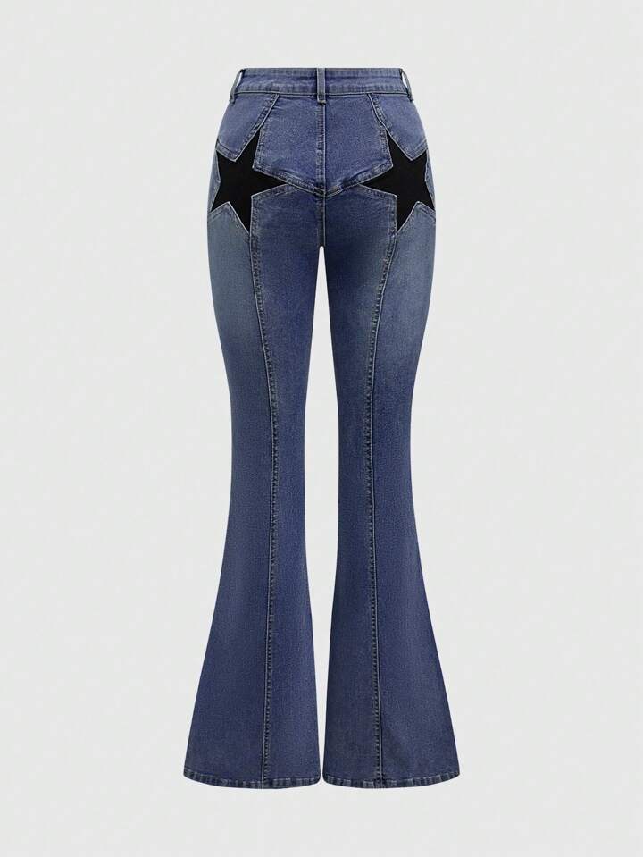 CM-BS882248 Women Casual Seoul Style Punk Y2K Butt Star Embroidered Tight Flared Jeans - Blue