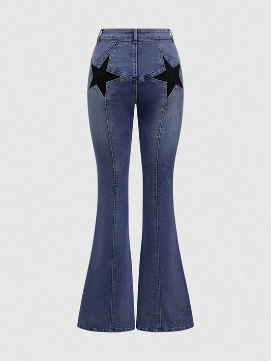 CM-BS882248 Women Casual Seoul Style Punk Y2K Butt Star Embroidered Tight Flared Jeans - Blue