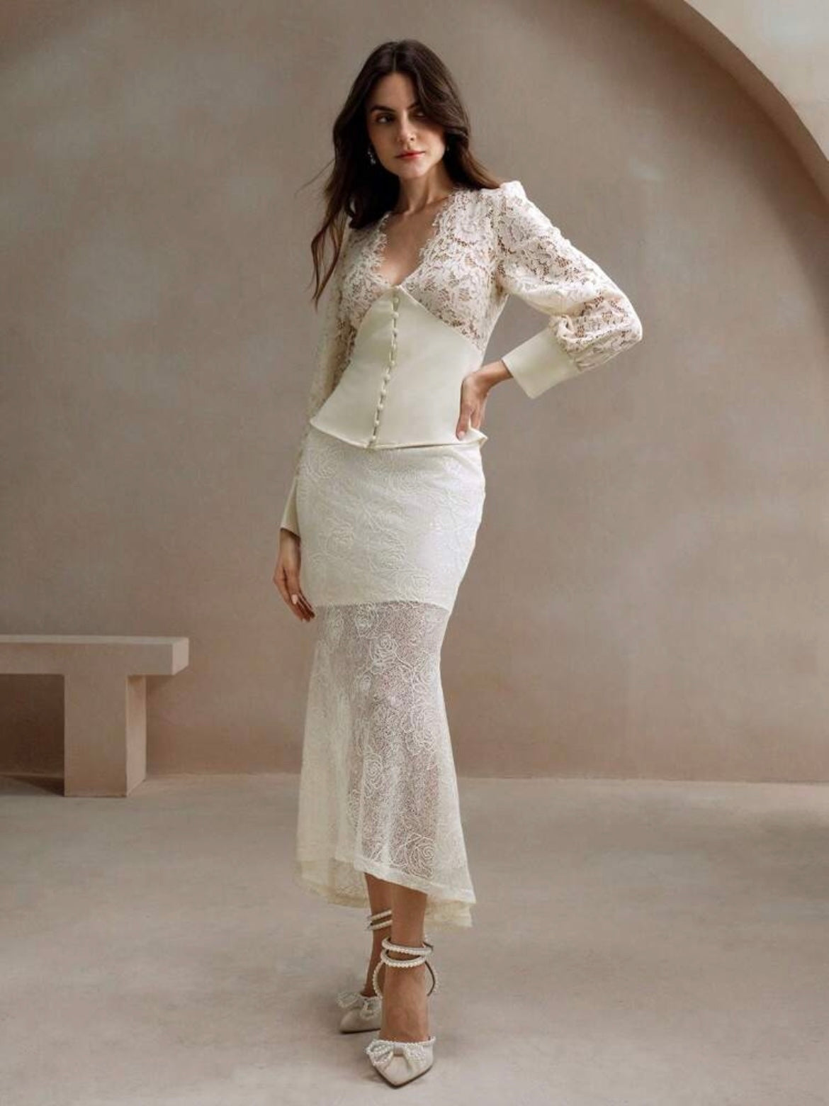 CM-TS025304 Women Elegant Seoul Style V-Neck Lace Patchwork Cinching Waist Top - Apricot