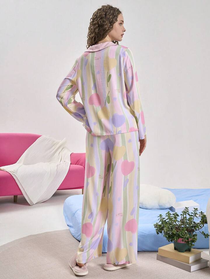 CM-LS781128 Women Trendy Seoul Style Striped Heart Print Long Sleeve Top With Pants Pajama Set