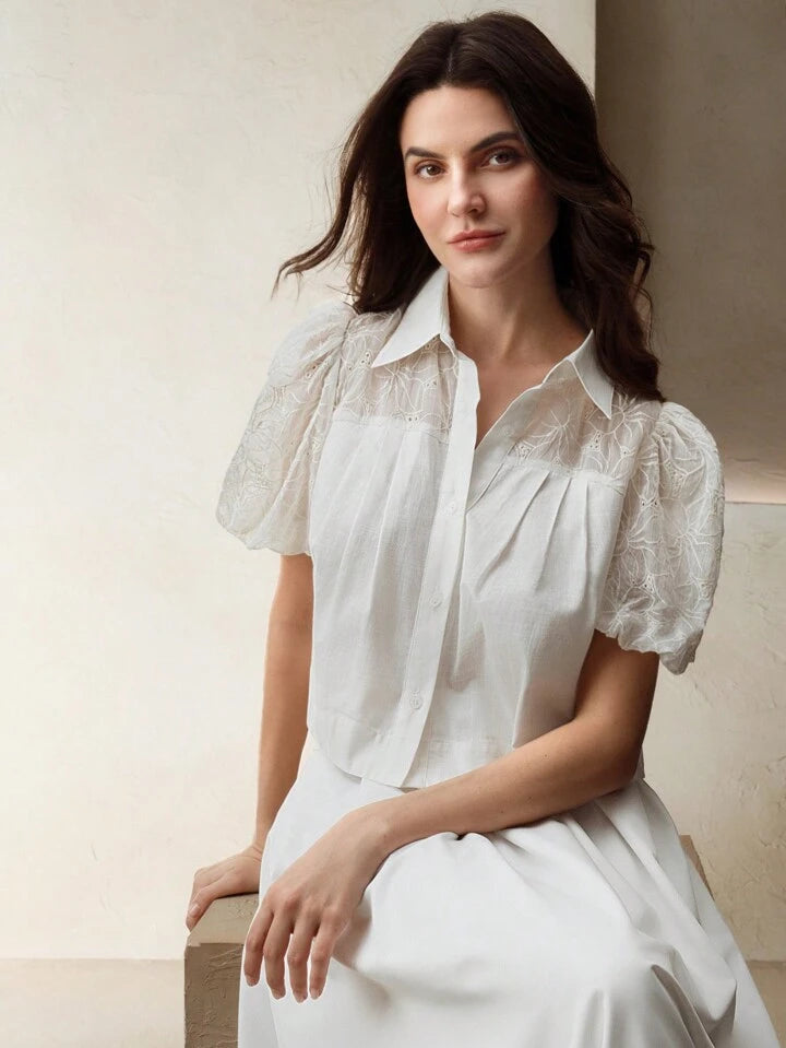 CM-TS548821 Women Casual Seoul Style Lace Patchwork Collar Neckline Puff Sleeve Blouse - White