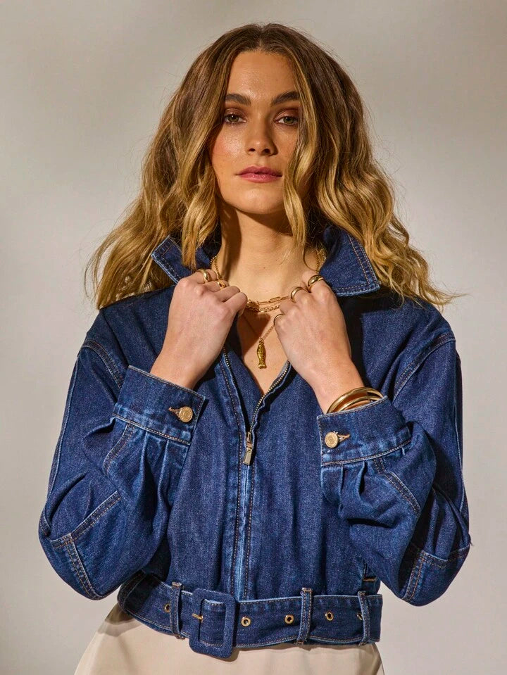 CM-CS579177 Women Casual Seoul Style Collar Neckline Wrist-Length Sleeve Biker Y2k Denim Jacket - Blue