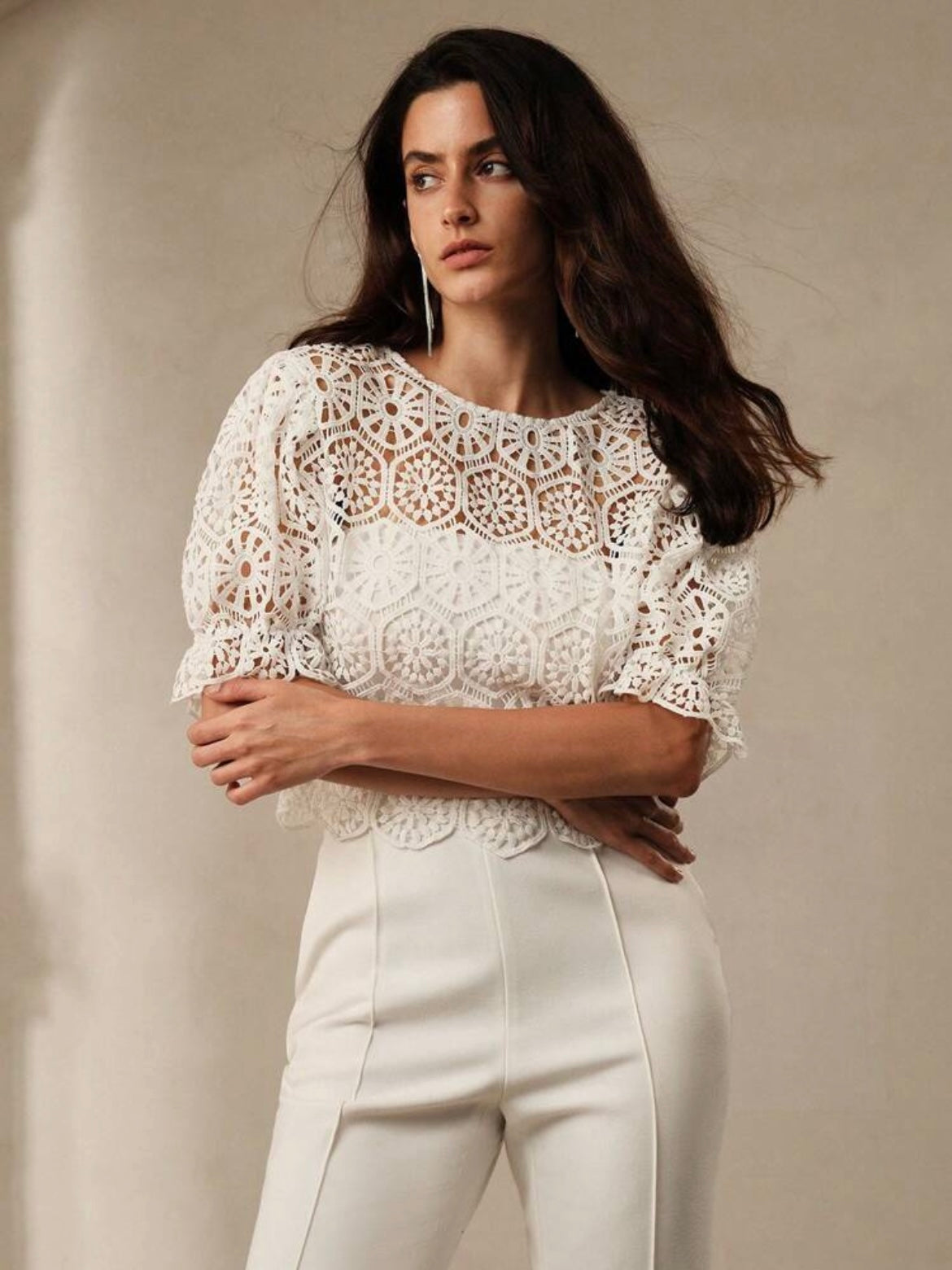 CM-TS118087 Women Elegant Seoul Style Lace Gathered Waist Lantern Sleeve Top - White