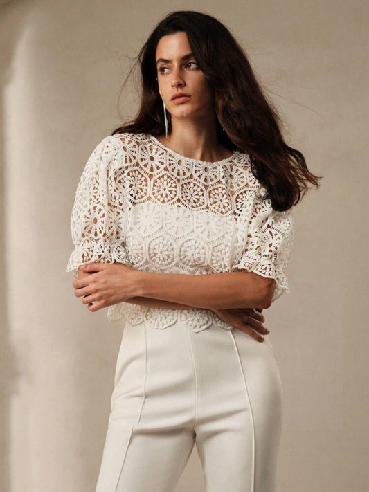 CM-TS118087 Women Elegant Seoul Style Lace Gathered Waist Lantern Sleeve Top - White