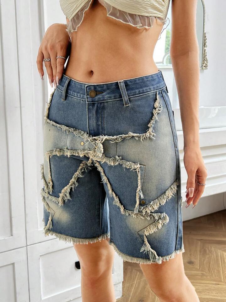 CM-BS205510 Women Casual Seoul Style Patchwork Frayed Hem Bermuda Denim Shorts - Blue