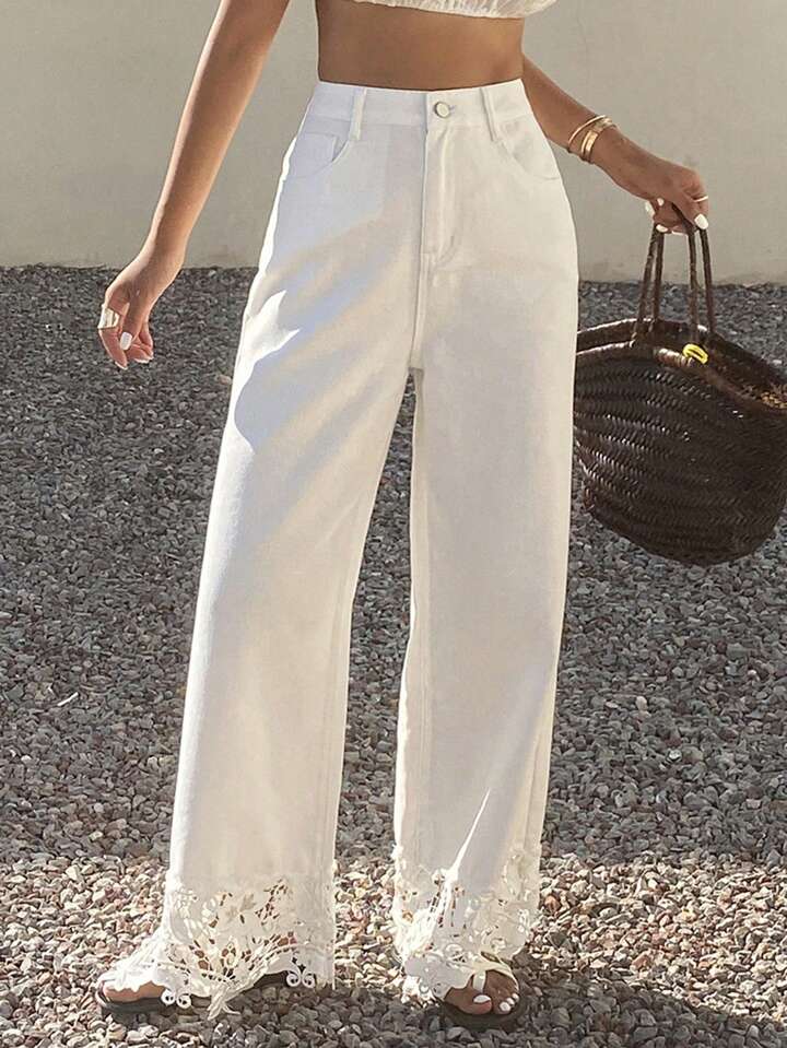 CM-BS987069 Women Casual Seoul Style Mid Waist Solid Color Lace Patchwork Wide-Leg Jeans - White