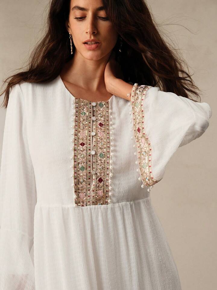 CM-DS694836 Women Trendy Bohemian Style Tie Neck Embroidered Beaded A-Line Dress - White