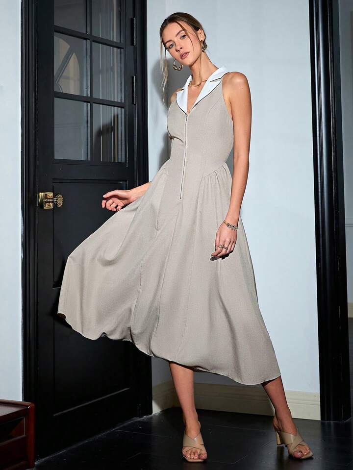 CM-DS641699 Women Elegant Seoul Style Contrast Lapel Collar Zipper Sleeveless Midi Dress - Apricot