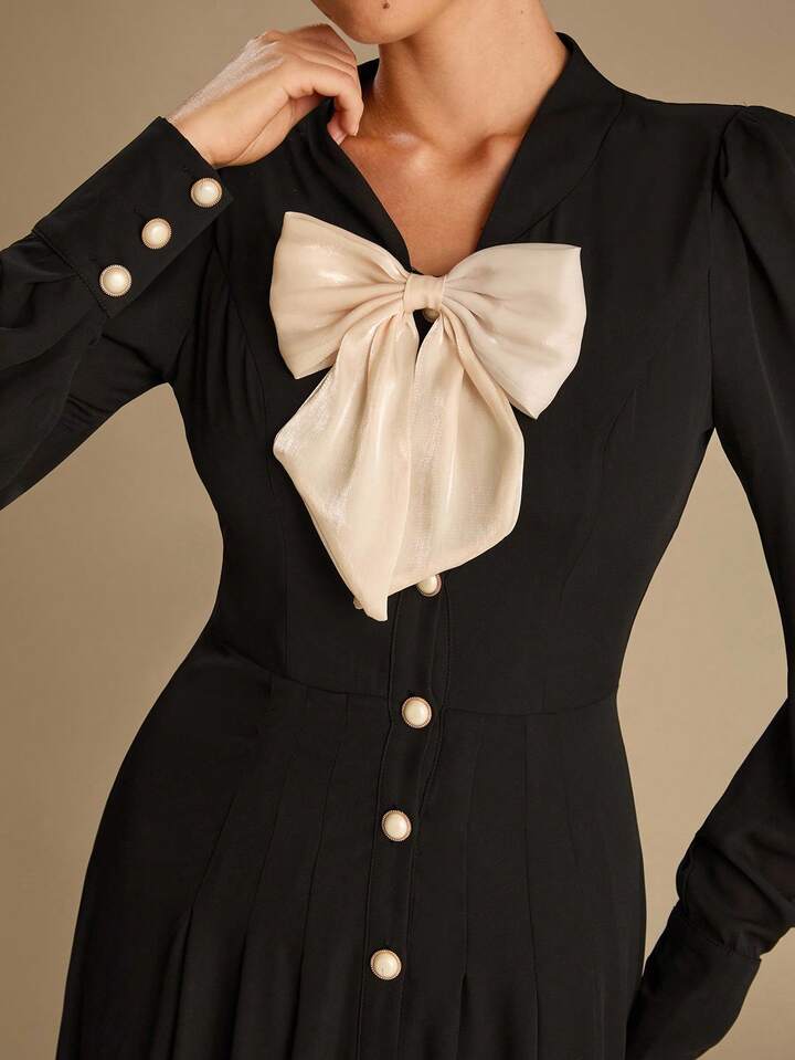 CM-DS166786 Women Elegant Seoul Style Bowknot Decor Tie Neck Long Sleeve Shirt Maxi Dress - Black
