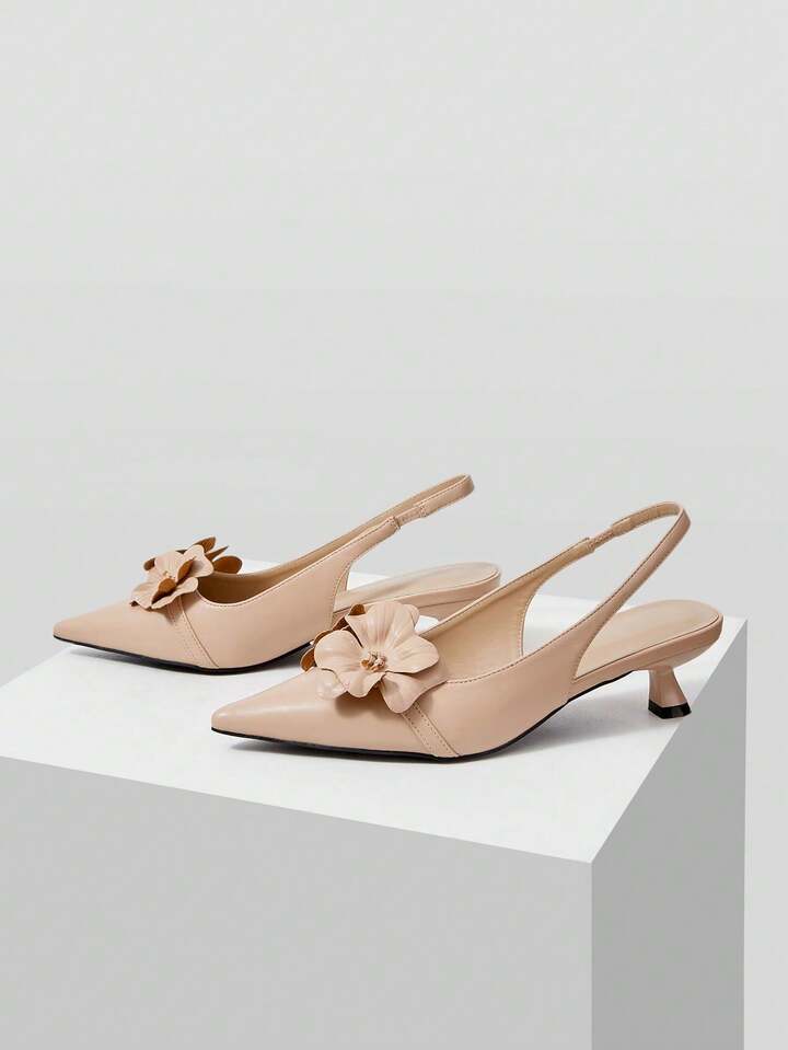 CM-SHS069952 Women Trendy Seoul Style Floral Decor Pointed Toe Pumps - Baby Pink