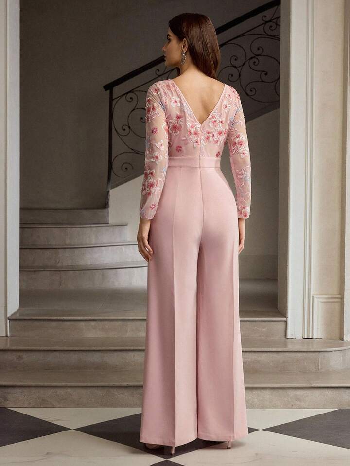 CM-JS811501 Women Elegant Seoul Style Floral Embroidery Mesh Patchwork Sequin Loose Wide Leg Jumpsuit