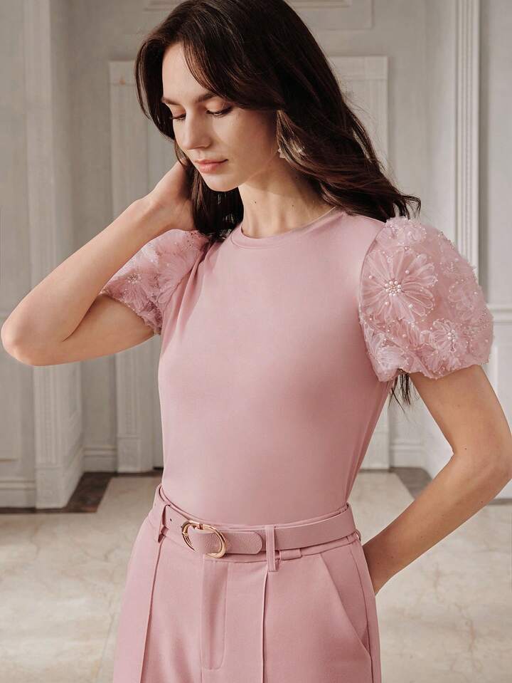 CM-TS064670 Women Elegant Seoul Style Round Neck Puff Sleeve Knit Patchwork Pearl Floral T-Shirt - Pink