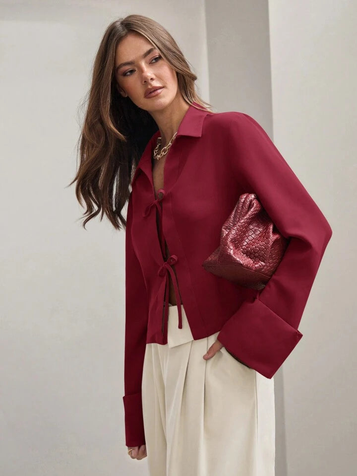 CM-TS803598 Women Trendy Bohemian Style Shirt Collar Front Tie Long Sleeve Shirt - Burgundy