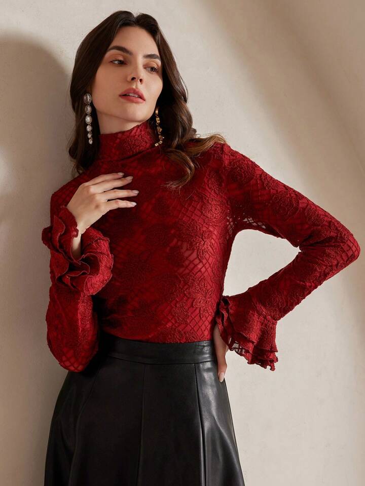 CM-TS428123 Women Elegant Seoul Style Stand Collar Long Sleeve Ruffle Cuff Fitted Crochet Blouse - Red