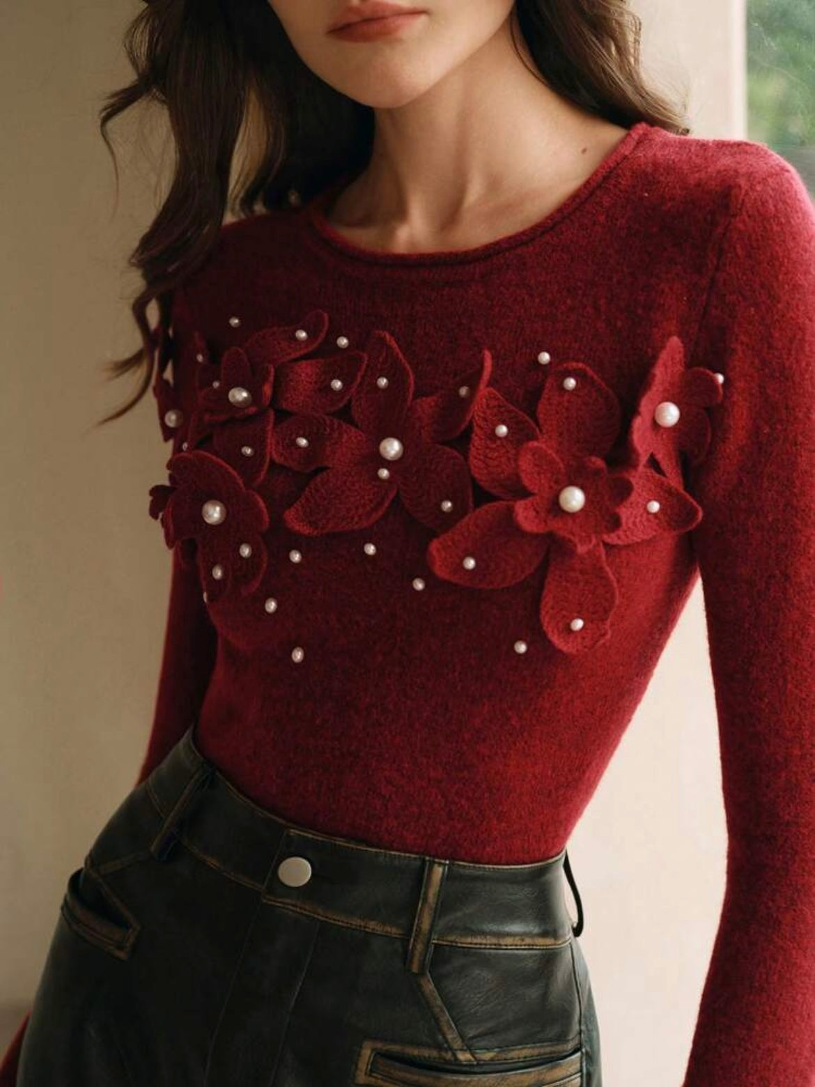 CM-CS786989 Women Casual Seoul Style Crochet Beaded Crew Neck Layer T-Shirt - Red