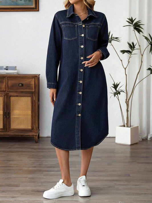 CM-DS739697 Women Elegant Seoul Style Solid Dark Wash Color Collar Neckline Long Sleeve Denim Dress