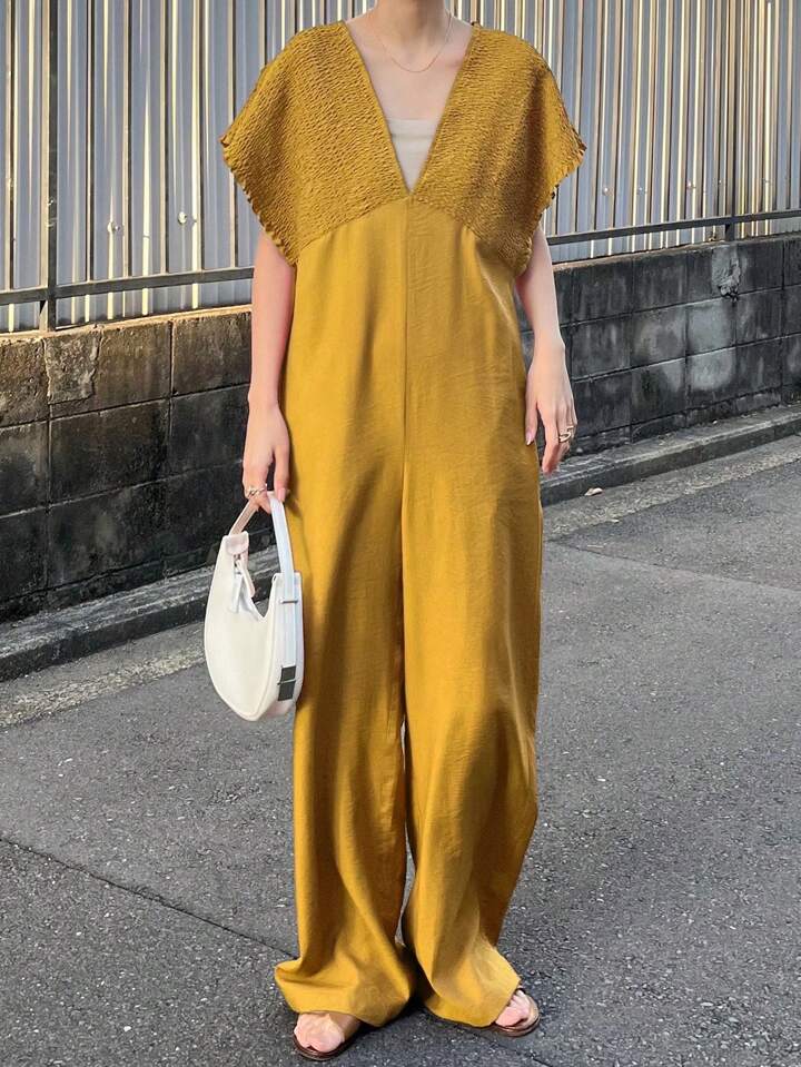 CM-JS619411 Women Trendy Bohemian Style V-Neck With Drawstring Jumpsuit Trousers - Yellow