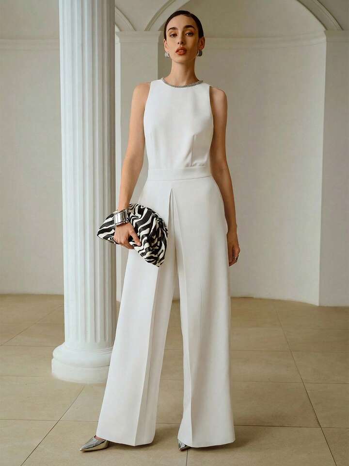 CM-JS101498 Women Elegant Seoul Style Rounnd Neck Rhinestone Decor Sleeveless Jumpsuit - White