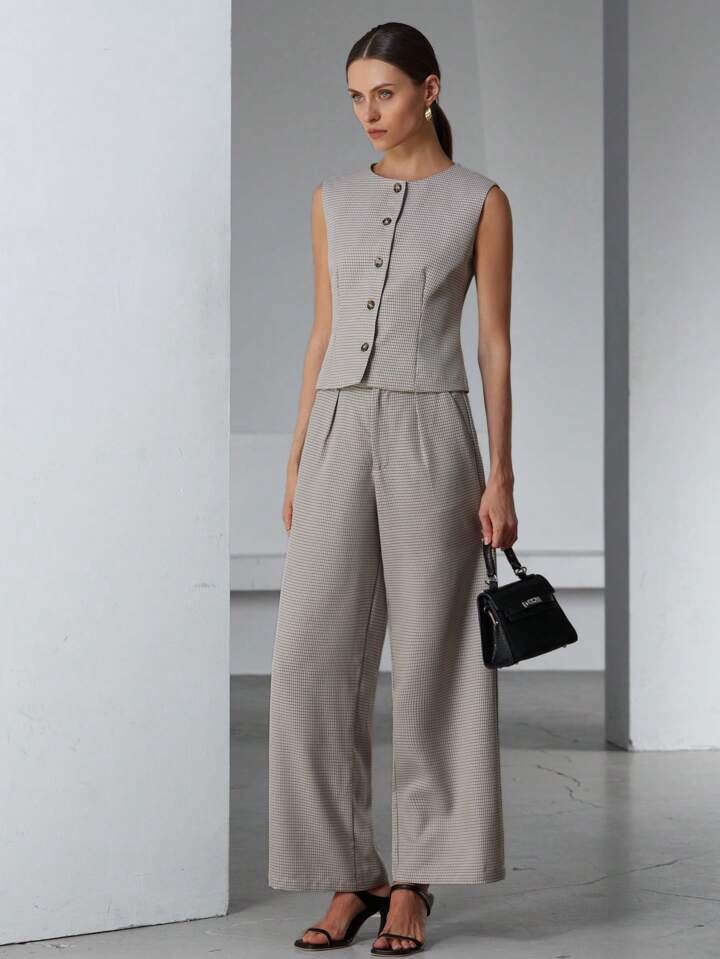 CM-SS490619 Women Elegant Seoul Style Houndstooth Button Up Vest With Trouser Suit - Set