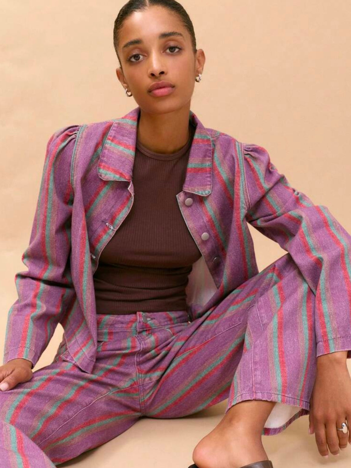 CM-CS651518 Women Elegant Seoul Style Collar Puff Long Sleeve Button Front Striped Jacket