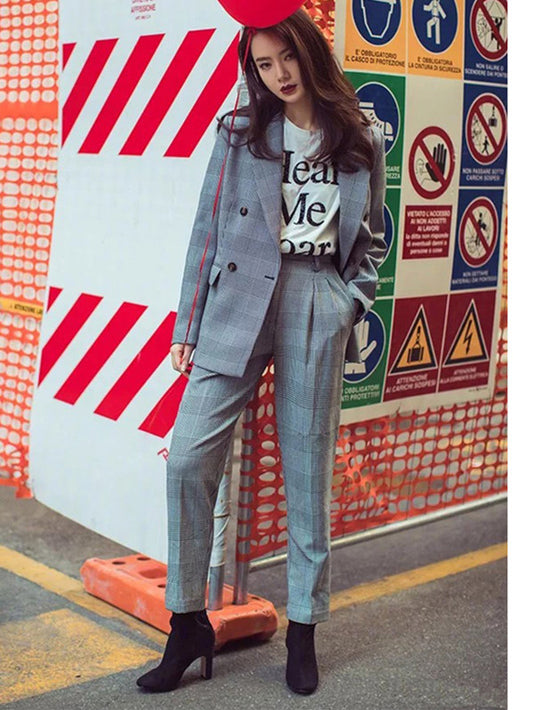 CM-SF030231 Women Elegant Seoul Style Tailored Collar Mini Plaids Leisure Suits