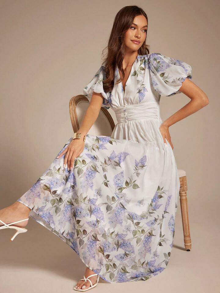 CM-DS779200 Women Elegant Seoul Style Tropical Lavander Print V-Neck Puff Sleeve Waist Cinched Maxi Dress