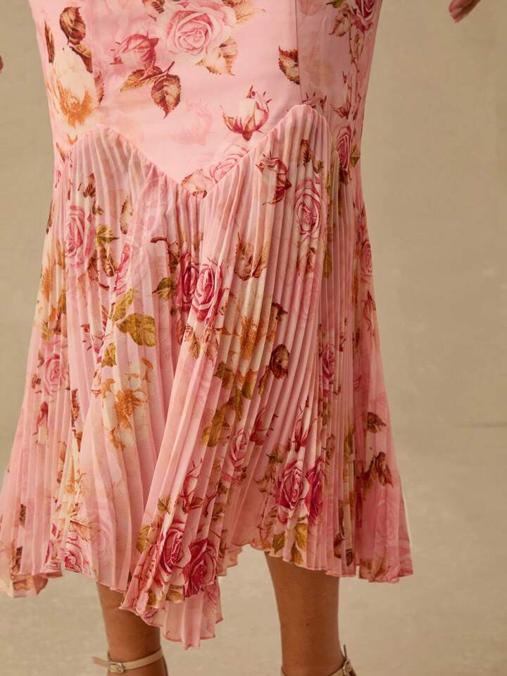 CM-DS836355 Women Elegant Seoul Style Floral Print Spaghetti Strap Sweetheart Neck Pleated Hem Mermaid Maxi Dress