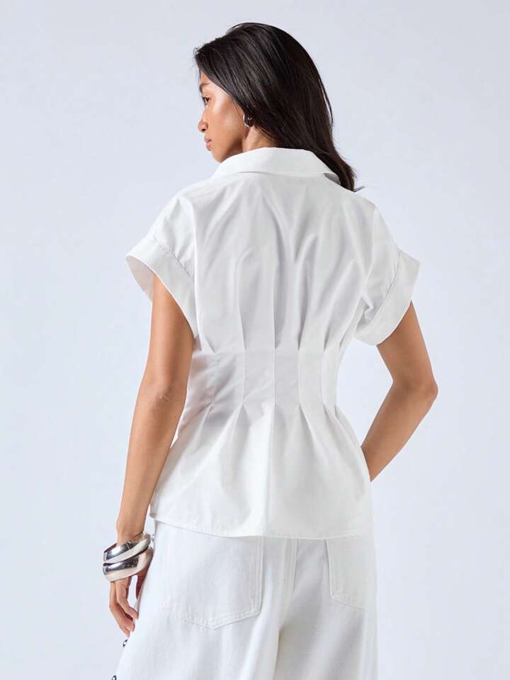 CM-TS242297 Women Casual Seoul Style Shirt Collar Batwing Sleeve Tailored Metal-Decorated Belted Shirt - White