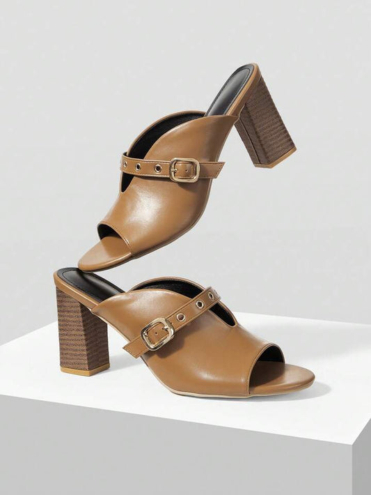 CM-SHS200704 Women Trendy Seoul Style Strap Square Heel High Heel Sandals - Brown