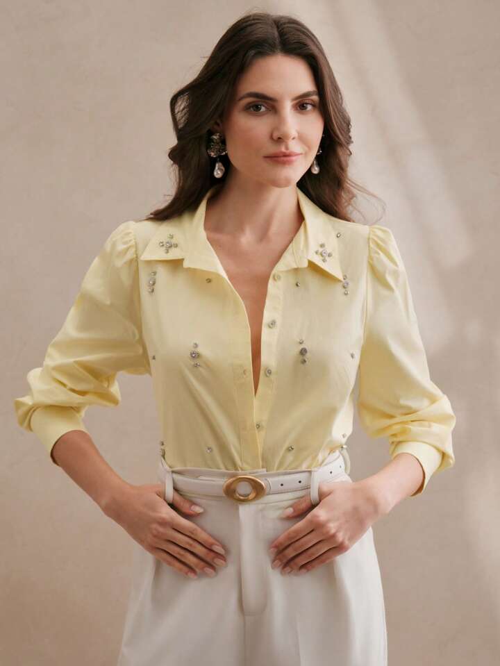 CM-TS115884 Women Elegant Seoul Style Long Sleeve Rhinestone Button Blouse - Yellow
