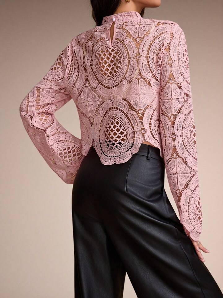 CM-TS544222 Women Casual Seoul Style Stand Collar Lace Hollow-Out See-Through Blouse - Pink