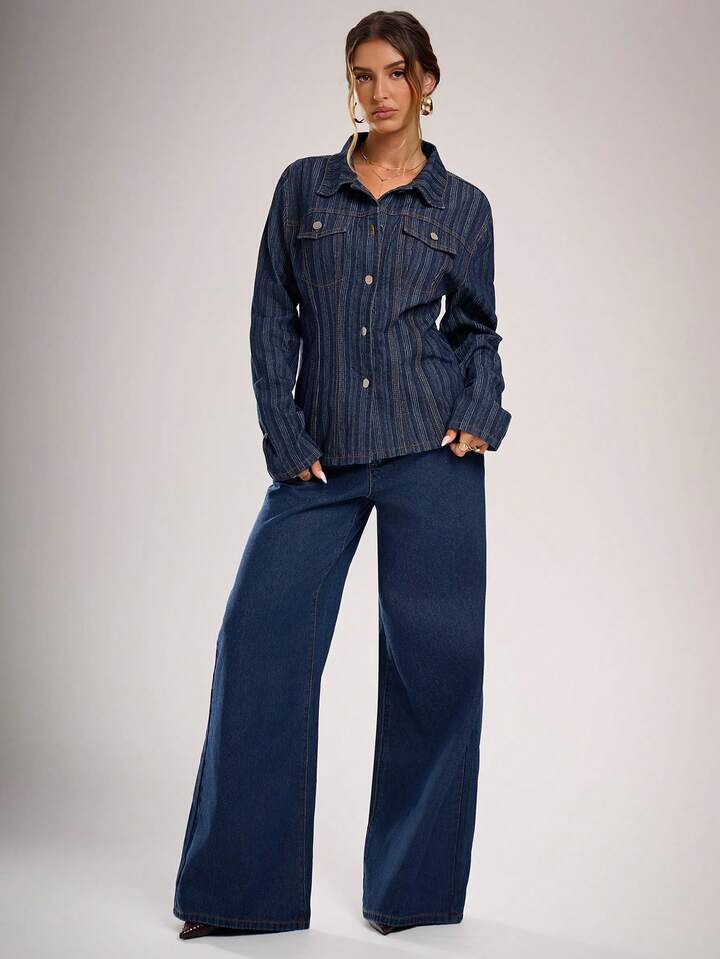 CM-CS338152 Women Casual Seoul Style Dark Wash Striped Collar Neckline Long Sleeve Denim Jacket