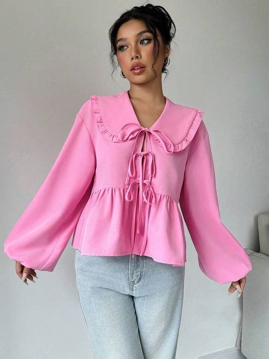 CM-TS126116 Women Trendy Bohemian Style Statement Collar Lantern Sleeve Knot Front Blouse