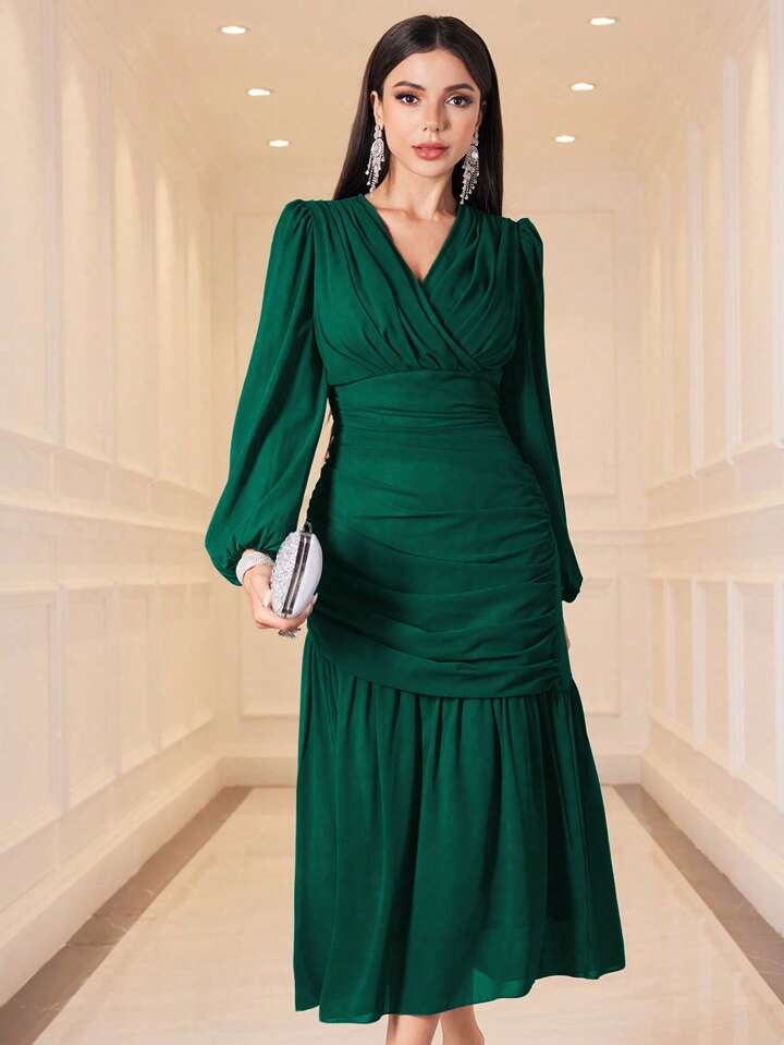 CM-DS555473 Women Elegant Seoul Style V-Neck Lantern Sleeve Pleated Ruffle Hem Dress - Green
