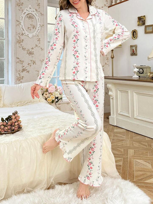 CM-LS126613 Women Trendy Seoul Style Ruffled Collar Open Front Bubble Texture Printed Pajama Set