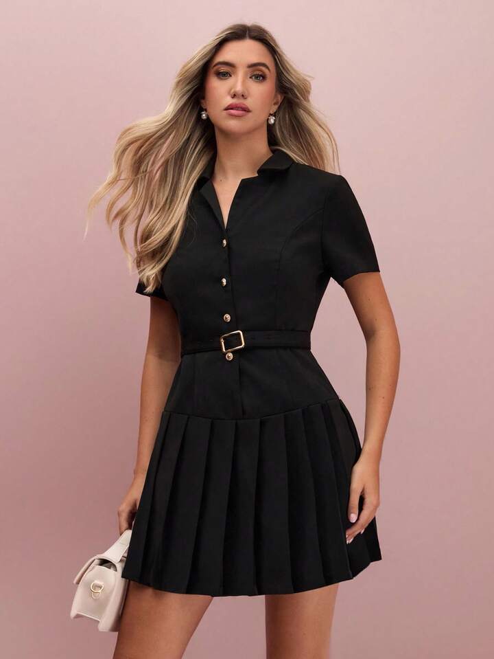 CM-DS929550 Women Elegant Seoul Style Collar Neckline Short Sleeve Single-Breasted Pleated Hem Belted Mini Dress