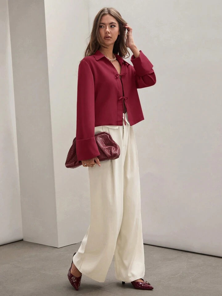 CM-TS803598 Women Trendy Bohemian Style Shirt Collar Front Tie Long Sleeve Shirt - Burgundy