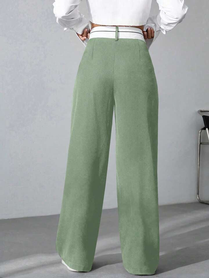 CM-BS115964 Women Casual Seoul Style Asymmetrical High Waist Straight Leg Pants - Green