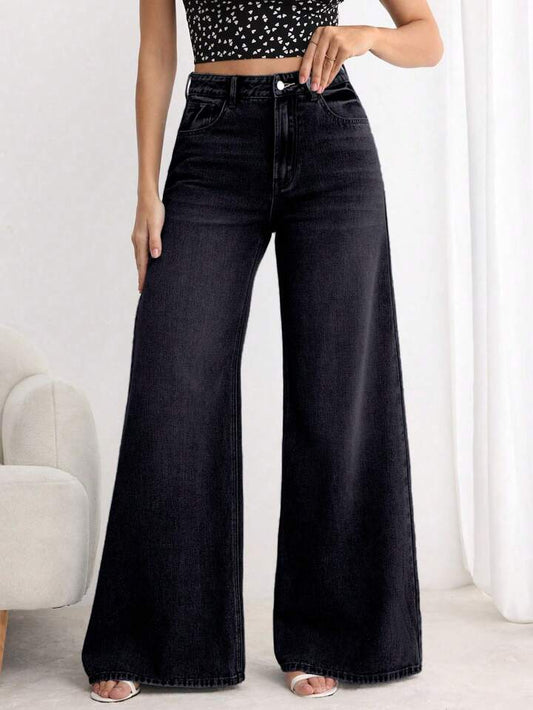 CM-BS078565 Women Elegant Seoul Style Button Front Pocket Loose Wide Leg Jeans - Black