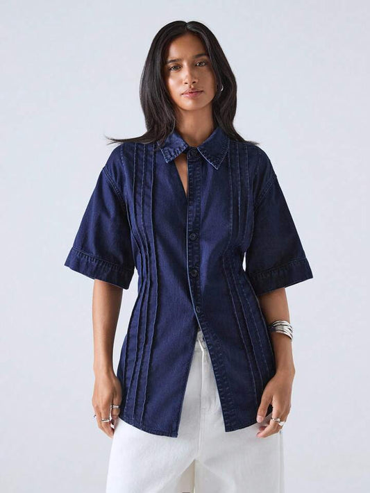 CM-TS825911 Women Elegant Seoul Style Dark Wash Collar Neckline Short Sleeve Single-Breasted Denim Jacket