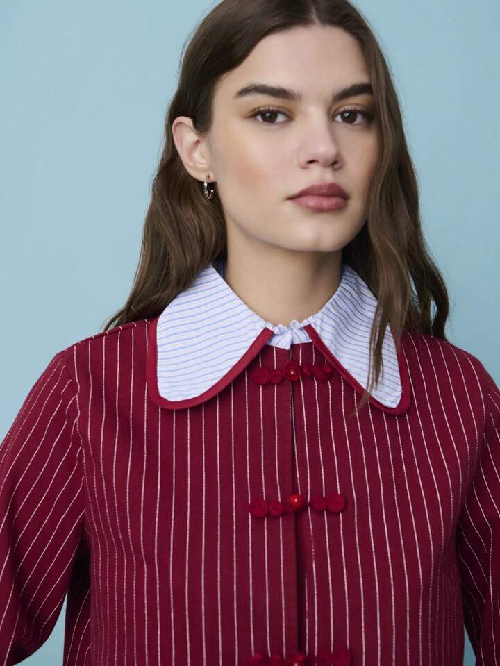 CM-CS486945 Women Casual Seoul Style Chinese Style Knotted Buttons Striped Long-Sleeve Fitted Jacket - Red