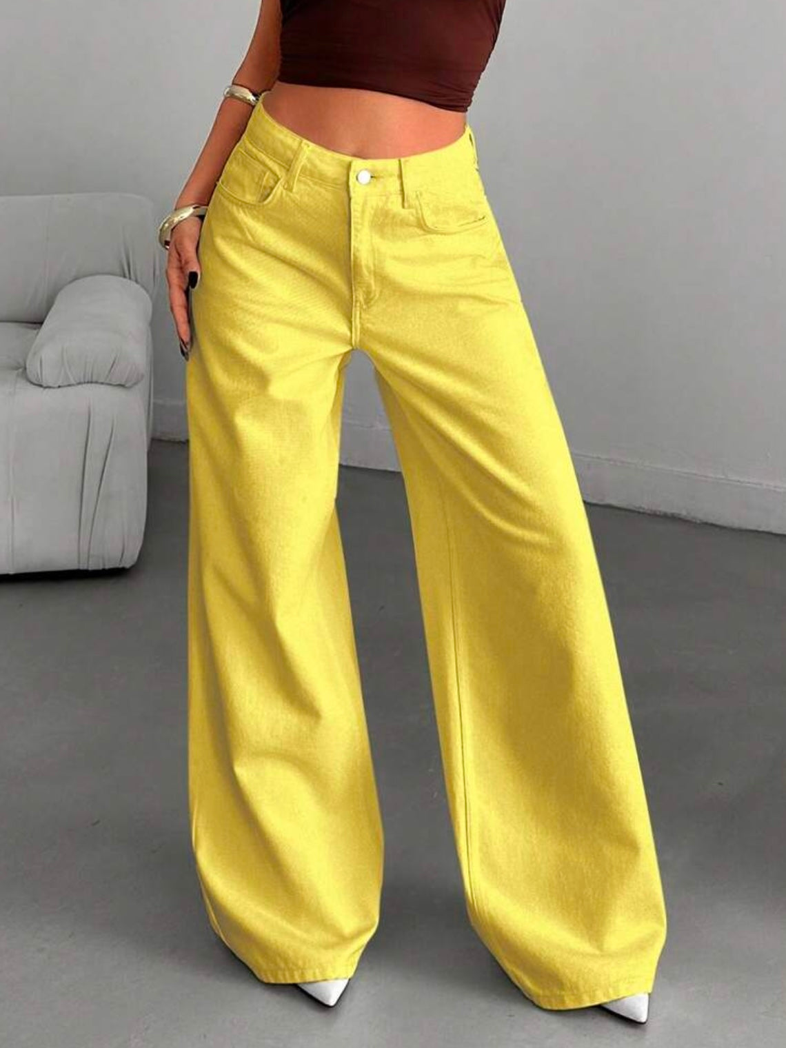 CM-BS275228 Women Casual Seoul Style High-Waisted Wide-Leg Denim Jeans - Pale Yellow
