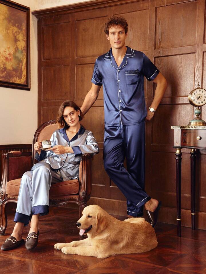 CM-LS073333 Women Trendy Seoul Style Satin Lapel Neckline Long Sleeve Pajama Set - Dusty Blue