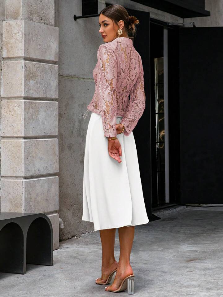 CM-TS471795 Women Elegant Seoul Style Lace Lapel Collar Long Sleeve Shirt - Pink