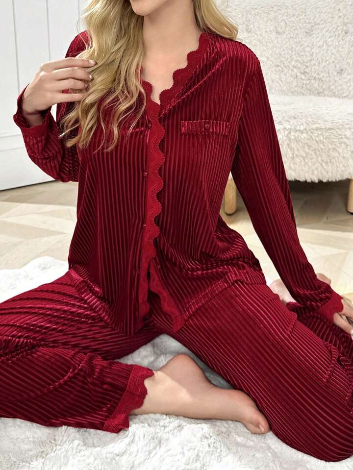 CM-LS590255 Women Trendy Seoul Style V-Neck Long Sleeve Lace Trim Velvet Pajama Set - Burgundy